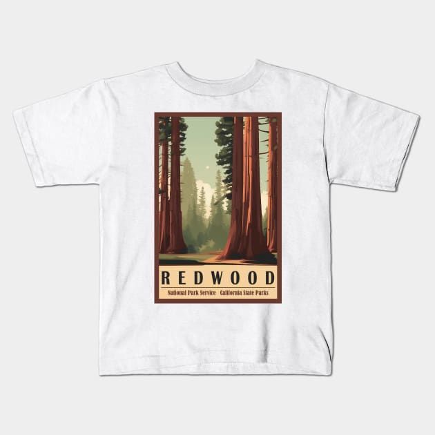 Redwood National Park Travel Poster Kids T-Shirt by GreenMary Design